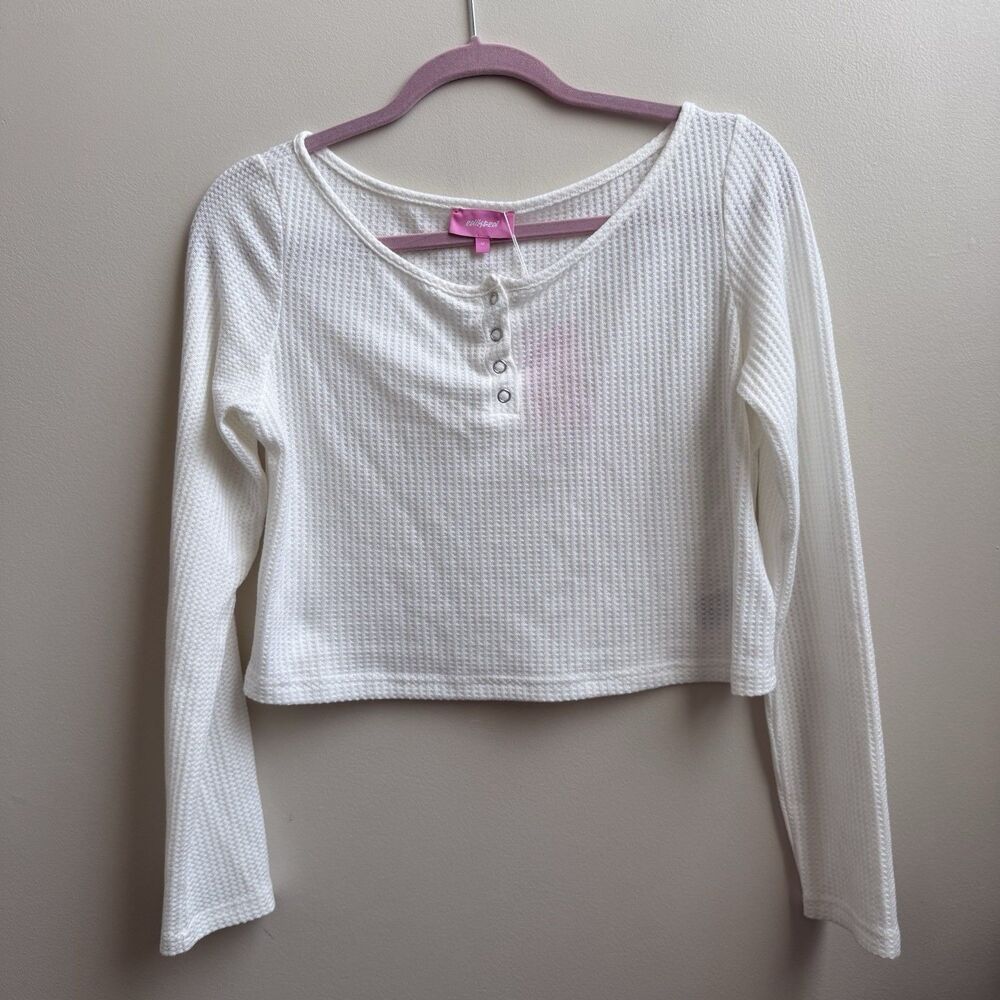 NWT Edikted White Long Sleeve Henley Waffle Knit Crop Top Size M